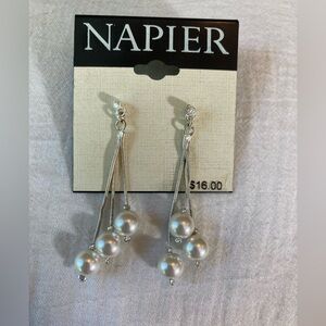 Napier Faux Pearls Silver Tone Dangle Earrings‎ New